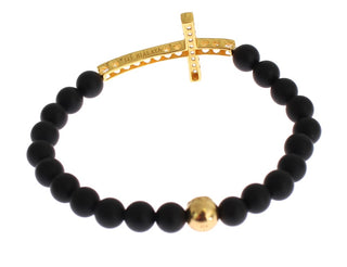 Nialaya Chic Matte Onyx Bead & CZ Diamond Cross Bracelet