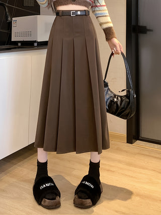 Solid High Waist Crinkle Skirt, Casual Warm Midi Skirt for Autumn Winter, Women's Clothing 