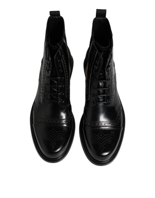 Dolce & Gabbana Black Leather Lace Up Mid Calf Boots Shoes