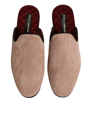 Dolce & Gabbana Beige Suede Leather Slides Flat Slipper Shoes