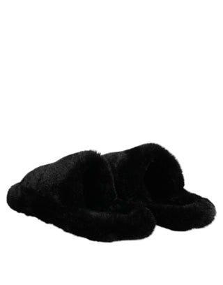 Dolce & Gabbana Black Faux Fur Flats Men Sandals Shoes