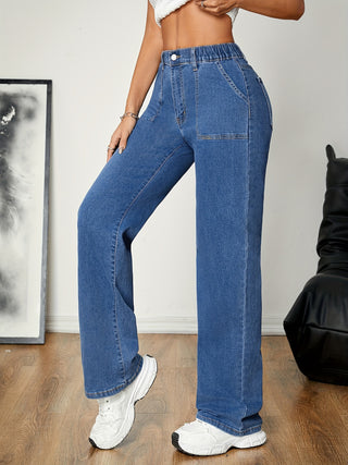 Women's Straight Leg Jeans Elastic Waist Dark Blue Casual Straight Leg 