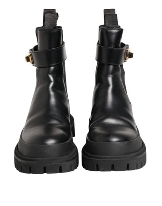 Dolce & Gabbana Black Calfskin DG Logo Strap Ankle Boots Shoes