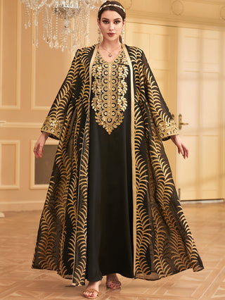 Elegant Kaftan Dress Set, Long Dress with Embroidered Collar and Long Sleeve Open Front Maxi Shirt, Women's Clothing 