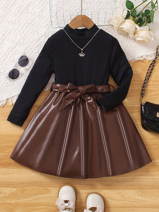 Girls' Fashionable PU Leather Long Sleeve Notched Belt Dress for Daily Wear in Autumn and Winter 