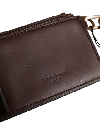 Dolce & Gabbana Brown Calf Leather Zip Logo Keyring Coin Purse Men Wallet