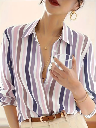 Striped Button Front Shirt, Elegant Long Sleeve Lapel Shirt for Spring Autumn, Women's Clothing 