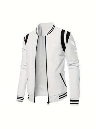 Men's stylish and comfortable vintage style color matching leather jacket with pockets, comfortable baseball collar and long sleeves with zipper closure, suitable for street walking and city walking 