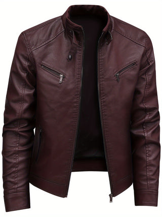 Men's Fashion Stand Collar Zipper Long Sleeve Leather Jacket, Stylish and Trendy Coats for Autumn Winter Outdoor Activities 