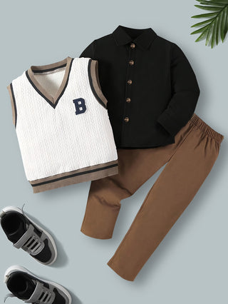 Boys 3 Piece Outfit Set, Spring/Autumn Casual Set, Button Down Cardigan, Contrast Trim Ribbed Sweater, and Loose Pants. 