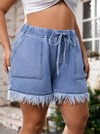 Women's Elastic Waist Drawstring Raw Hem Asymmetrical Jeans Shorts, Women's Jeans &amp; Clothing 