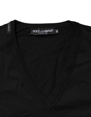 Dolce & Gabbana Black Cotton Plain V-Neck Men Shirt T-shirt