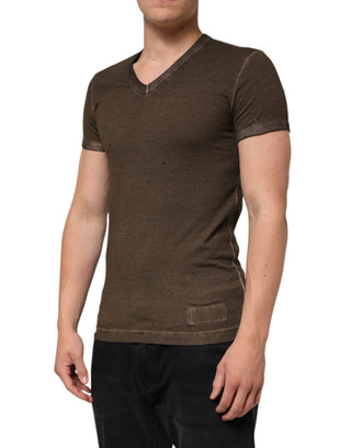 Dolce & Gabbana Dark Brown Cotton Tattered Logo Men T-shirt