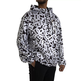 Dolce & Gabbana White Black Logo Hooded Full Zip Bomber Jacket