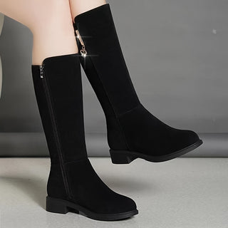 Women's winter knee high boots with faux fur lining, low heel, rubber outsole, and soft fabric insole, perfect for casual and elegant outings 