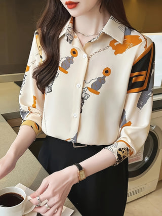 Vintage Inspired Geometric Floral Print Blouse Polyester Blend Collar Button Down Knitted Long Sleeve Shirt for Women Perfect for Spring/Fall 