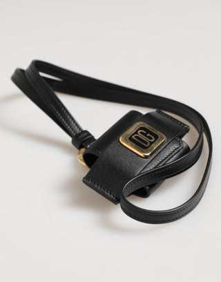 Dolce & Gabbana Black Leather Strap Gold Metal DG Logo Plaque Airpods Case