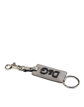 Dolce & Gabbana Gray Leather Logo Metal Ring Keychain Holder Keyring