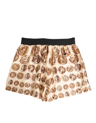 Dolce & Gabbana Brown Ancient Coin Print Silk Shorts Swimwear