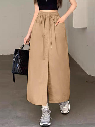 Elastic Waist Long Skirt with Pockets - Women's Casual A-line Skirt, 100% Polyester, Non-Stretch, Straight Fit, Korean Inspired, Open Hem, Suitable for Spring/Summer/Autumn 