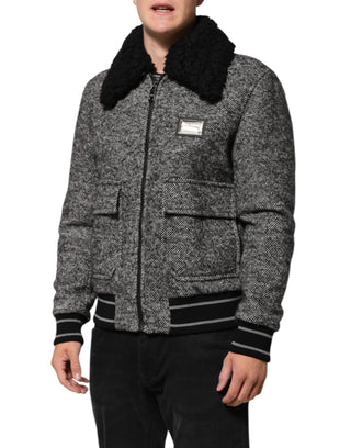 Dolce & Gabbana Gray Wool Herringbone Shearling Collar Bomber Jacket