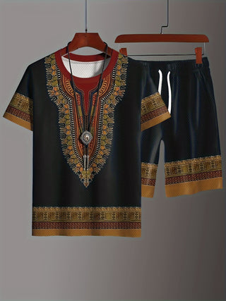 Men's 2 Piece Set with Stylish Dashiki Print, Comfortable T-shirt and Drawstring Waist Shorts, Summer Men's Clothing, Men's Sportswear 