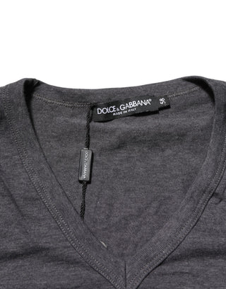 Dolce & Gabbana Grey Cotton V-Neck Logo Plaque Melange T-Shirt