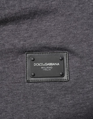 Dolce & Gabbana Grey Cotton V-Neck Logo Plaque Melange T-Shirt