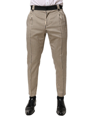 Dolce & Gabbana Beige Black Striped Cotton Slim Fit Trousers Pants