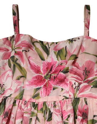 Dolce & Gabbana Pink Floral Lily Print Midi Sleeveless Dress