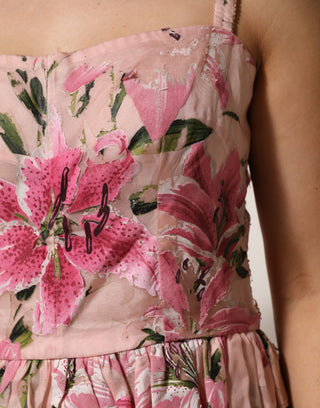 Dolce & Gabbana Pink Cotton Floral Pleated Sleeveless Dress