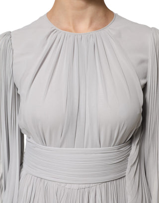 Dolce & Gabbana Grey Pleated Maxi Long Sleeve Silk Blend Gown Dress