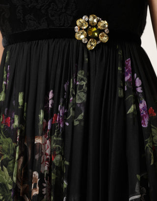 Dolce & Gabbana Black Floral Key Print Crystal Strapless Dress