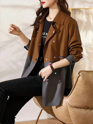 Elegant Plus Size Gradient Color Double Breasted Lapel Jacket - Casual Long Sleeve Outerwear for Women, Perfect for Spring and Autumn 