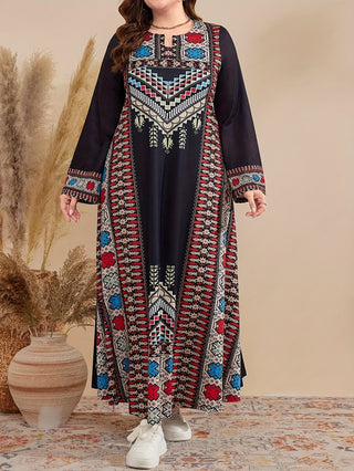 Geometric Pattern Ankle Length Kaftan Dress Plus Size Elegant Round Neck Long Sleeve Dress Women Plus Size Clothing 