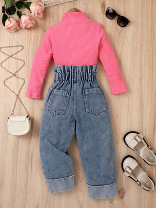 2Pcs/Set Print Long Sleeve Mock Neck Blouses Tops+Jeans Pants Set - Girls Fashion Spring/Autumn Clothes, Casual Outerwear, Holiday Gift 