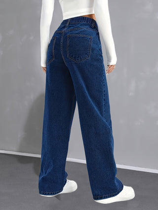 Women's loose fit elastic waist wide leg jeans in dark blue blend from the Jeans &amp; Women's Clothing collection. 