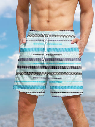 Men's Colorful Striped Shorts with Pockets, Drawstring Sports Shorts for Beach, Summer Vacation, Swimming, Surfing 