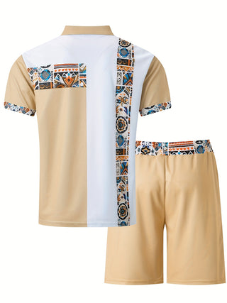 Men's 2 Piece Summer Ethnic Print Short Sleeve Golf Shirt with Quarter Zip and Drawstring Waist Shorts with Pockets Set 