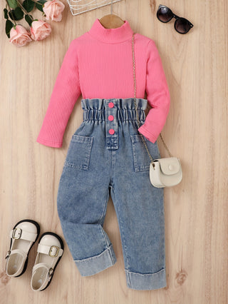 2Pcs/Set Print Long Sleeve Mock Neck Blouses Tops+Jeans Pants Set - Girls Fashion Spring/Autumn Clothes, Casual Outerwear, Holiday Gift 