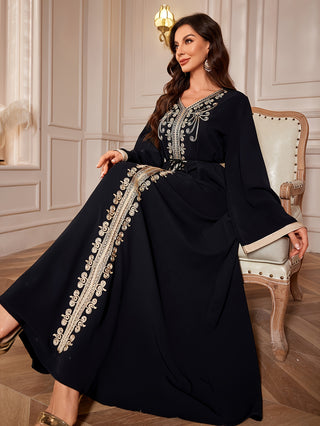 Elegant V Neck Kaftan Dress Long Sleeve Belted Ankle Length Dress Women Clothing 