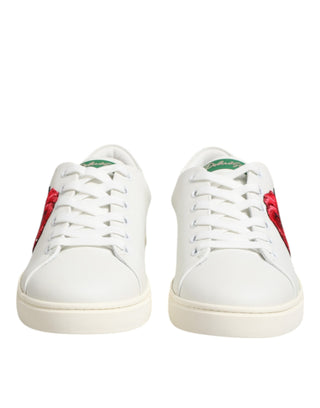 Dolce & Gabbana White Leather Rose Embroidery Low-Top  Shoes