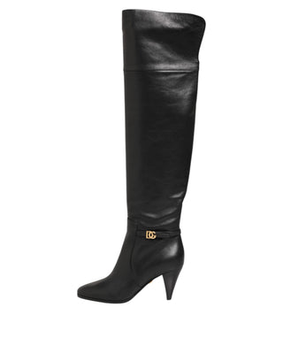 Dolce & Gabbana Black Leather Over-The-Knee DG Boots  Shoes