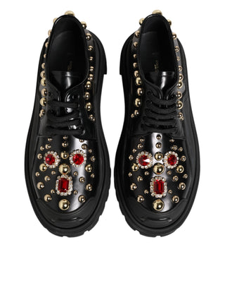 Dolce & Gabbana Black Leather Jeweled Crystals Derby Shoes