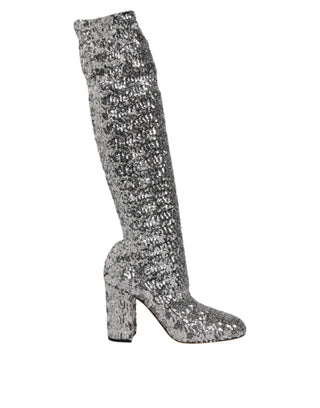 Dolce & Gabbana Shoes Silver Sequins Glitter High Heel Boot Shoes