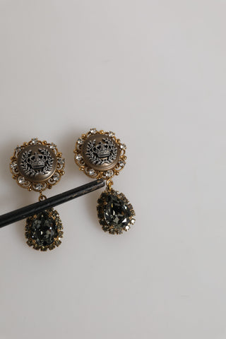 Dolce & Gabbana Gold Brass Crown Medallion Black Crystal Drop Clip On Earrings