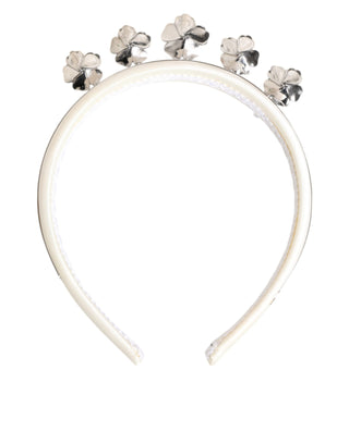 Dolce & Gabbana White Satin Palladium Silver Floral Crown Tiara Headband
