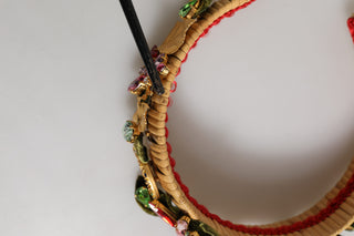 Dolce & Gabbana Multicolor Crystal Floral Gold Green Velvet Crown Headband