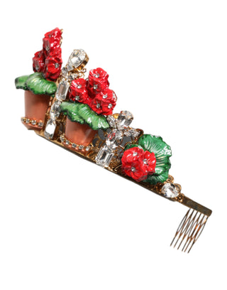 Dolce & Gabbana Red Floral Flowerpot Crystal Gold Crown Tiara Headband