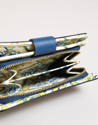 Dolce & Gabbana Blue Leather Continental Tile Print Zip Card Holder Purse Wallet